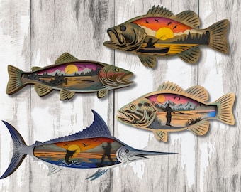 May include: Four wooden fish-shaped wall art pieces. Each fish features a layered design with a sunset scene, including a fisherman, boat, or jumping fish. The color palette includes shades of brown, orange, and blue.