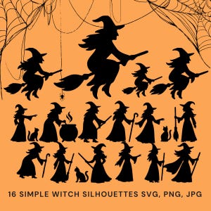 16 Hexe Silhouetten SVG | PNG | JPG Einfache Halloween Clipart für Cricut & Silhouette | Laser-Schneiden Handwerk Karten Dekor | Digitaler Download