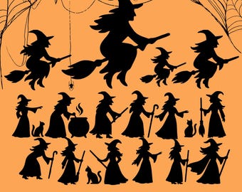 16 sylwetek czarownic SVG | PNG | JPG Prosty obrazek Halloween dla Cricut i Silhouette | Wycinane laserowo karty dekoracyjne | Pobieranie cyfrowe