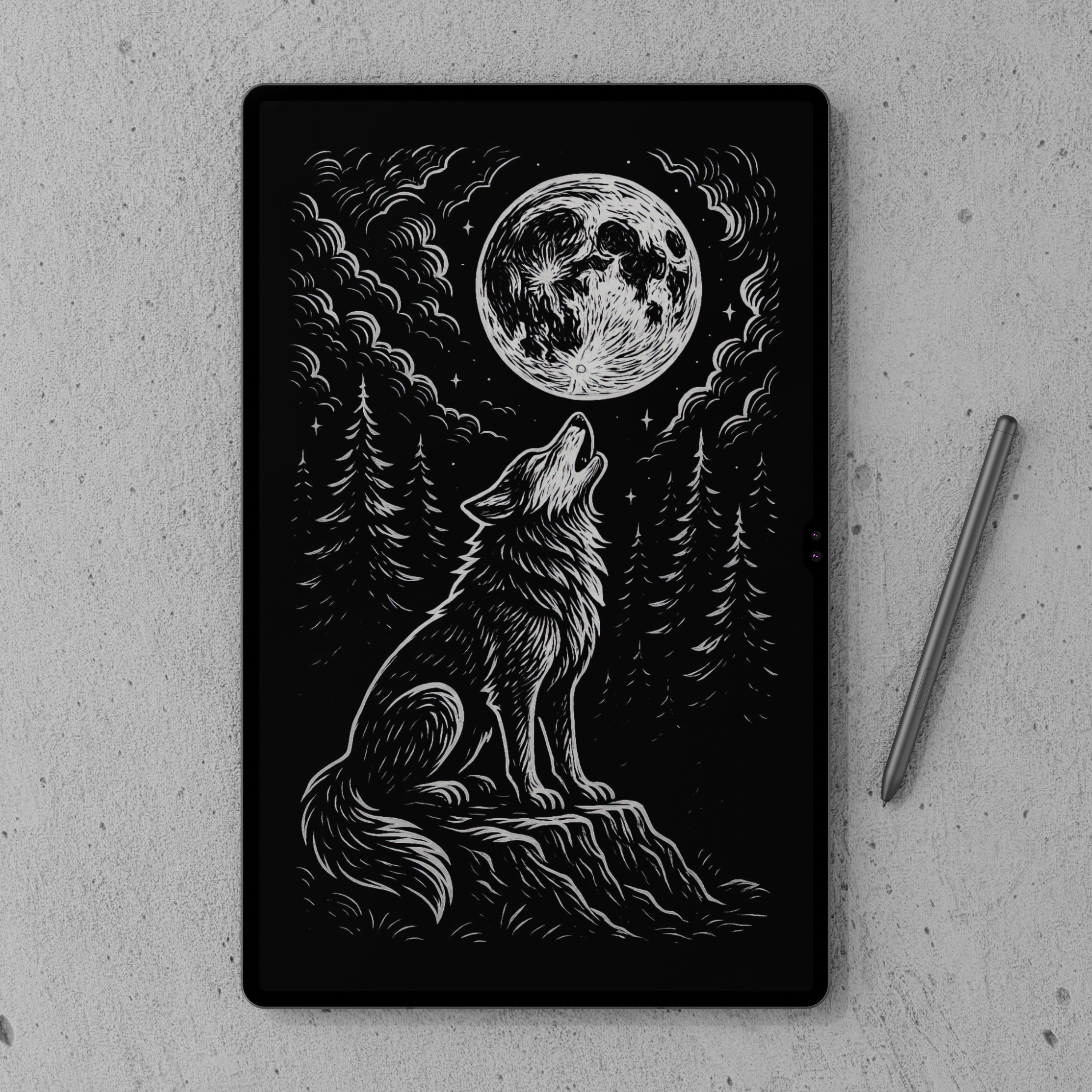 月に向かって吠えるオオカミのデジタルアートプリント/ダウンロード