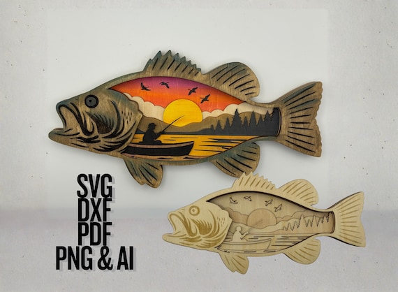 Largemouth Bass Fish 9 Layered SVG | Fishing Scene Multilayer Laser Cut File | Lake Sunset Fisherman Wood Art DXF PNG Ai Digital Only Files
