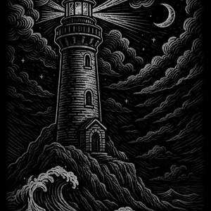 May include: Black and white illustration of a lighthouse on a rocky cliff at night. The lighthouse beam shines through the dark clouds, with a crescent moon and stars in the sky. Waves crash against the rocks.