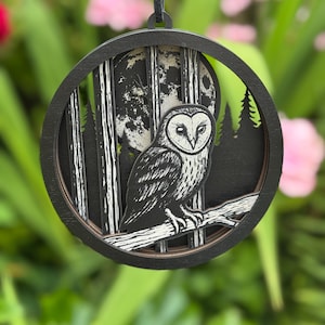 May include: A round, black wooden ornament featuring a detailed owl perched on a branch. The owl is set against a backdrop of a full moon and a forest scene. The ornament hangs from a black cord and is surrounded by green foliage.