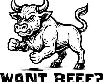 Angry Bull SVG | Funny Want Beef PNG | Digital Download Bold Tattoo Style Clipart BBQ Humor Jpeg, Laser Engraving File, Chopping Board Art