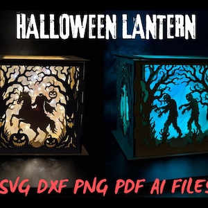 3D Halloween Lantern SVG | Layered Haunted House Tea Light Shadow Box Laser Cut File | Witch Zombies Headless Horseman | DXF Pdf Ai Files