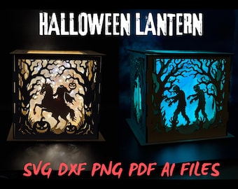 3D Halloween Lantern SVG | Layered Haunted House Tea Light Shadow Box Laser Cut File | Witch Zombie Headless Horseman | DXF Pdf 3mm material