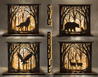 3D Multilayered Wildlife Lantern SVG Bundle | Stag Bear Wolf Forest Animals Lantern Laser Cut Files | Tealight Light Box | Instant Download
