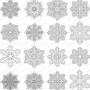 Peut inclure: Une collection de seize motifs de flocons de neige détaillés en noir et blanc. Chaque flocon de neige présente un motif unique et complexe, avec des formes et des niveaux de complexité variables. Idéal pour les créations et décorations sur le thème de l'hiver.