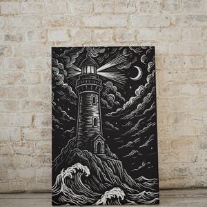 May include: Black and white illustration of a lighthouse on a rocky cliff, with waves crashing below. The night sky features clouds, stars, and a crescent moon. The lighthouse beam shines brightly.
