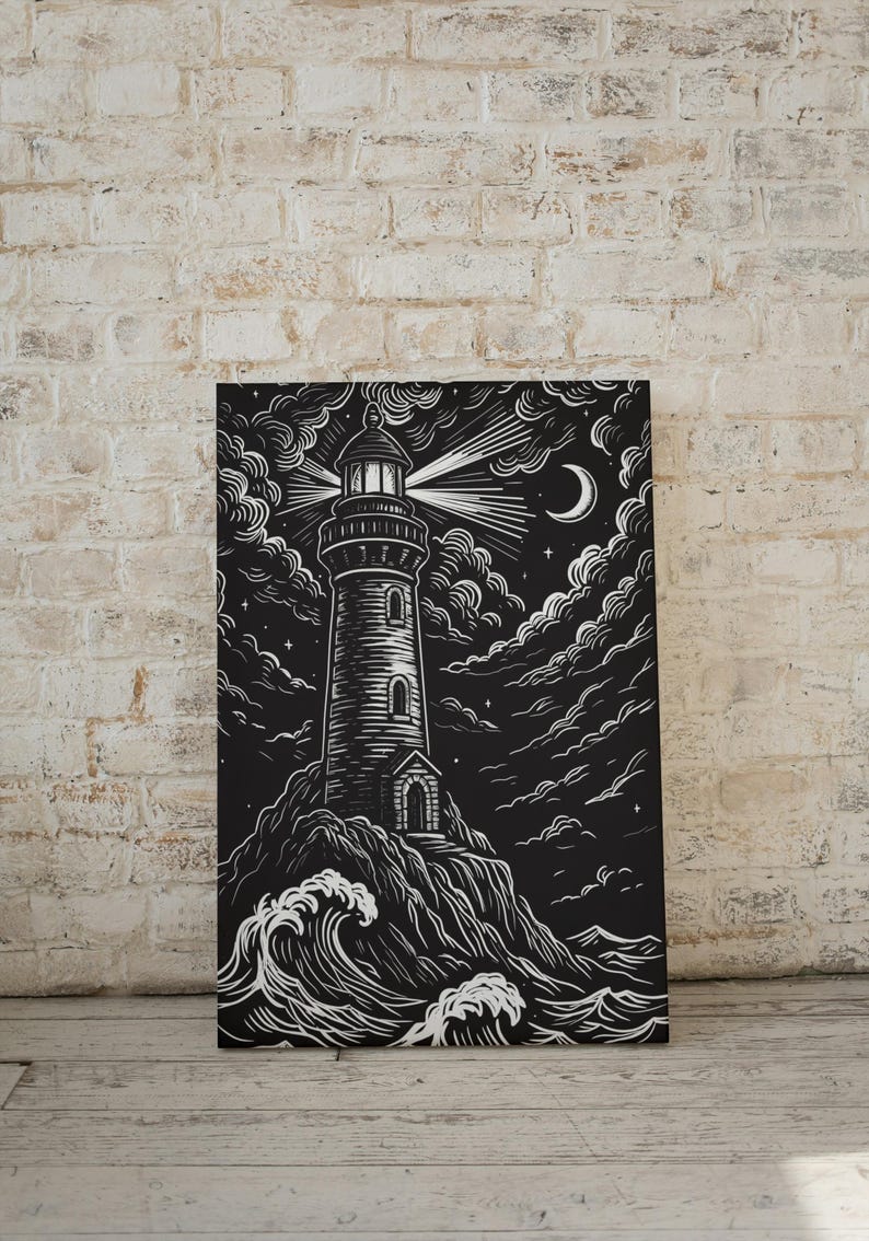 May include: Black and white illustration of a lighthouse on a rocky cliff, with waves crashing below. The night sky features clouds, stars, and a crescent moon. The lighthouse beam shines brightly.