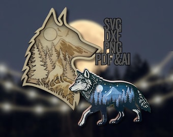 Layered Wolf head SVG bundle | 3D Layered Wolf Forest Mountain Scene | DXF Pdf PNG Files | Laser Engraving Cut file Instant Digital Download
