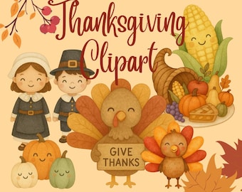 16 cute Thanksgiving Fall Watercolor Clipart Bundle 16 Fun Characters and Food SVG PNG Jpg PDF Turkey Pilgrim Pumpkin Corn Harvest Clip Art