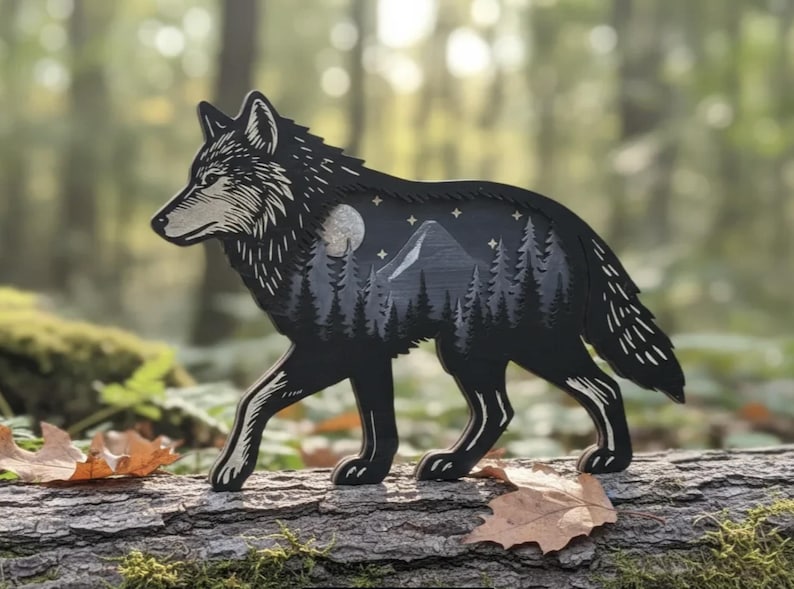 May include: A black wooden wolf figurine with a detailed design. The wolf's silhouette features a forest scene with a moon and stars. The figurine is placed on a log with fall leaves.