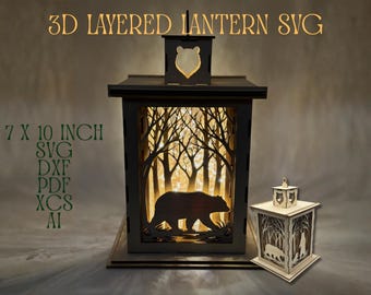 Large 3D Multi Layered Bear Lantern with Forest Design | Shoji Style Japanese Candle Holder Lantern SVG DXF PDF Laser Cutting Engraver File