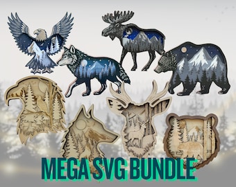 May include: A collection of wooden animal cutouts, including an eagle, wolf, moose, bear, deer, and bear, each with a layered design. The cutouts feature mountain and forest scenes, with the text "MEGA SVG BUNDLE" in teal.