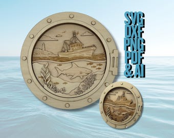 Multilayered 3D Shark Ocean Scene SVG | Fishing Boat Underwater 3D Laser Files | Nautical Wall Art | SVG DXF Pdf Png Ai | Instant Download