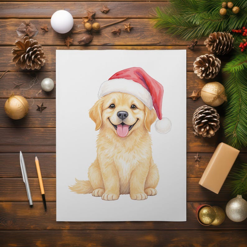 May include: A watercolour illustration of a golden retriever puppy wearing a red and white Santa hat. The puppy is smiling with its tongue out. The image is on a white background, surrounded by Christmas decorations on a wooden surface.