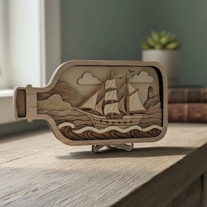 Ship in a Bottle SVG | Multi-Layer Nautical Laser Cut Design | Ocean Scene with Wooden Ship | Digital Download for Laser Cutters Engravers