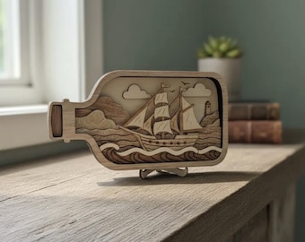 Verzenden in een fles-SVG | Meerlaags nautisch lasergesneden ontwerp | Oceaanscène met houten schip | Digitale download voor lasersnijders en graveurs