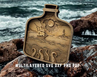 Scena oceaniczna z warstwami SVG | Morskie macki krakena i łódź w butelce | Plik 3D do cięcia laserowego podwodnego morza | SVG dla Glowforge, XTOOL, Crafting