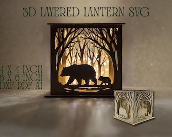 3D Multi Layered Tea Light Lantern Box SVG | Forest Shadow Box Bear Cub Woodland Scene Laser Cut File 3mm DXF PDF Ai | 4x4 inch 6x6 inch