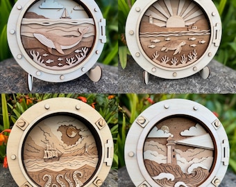 Nautical SVG Layered Bundle 4 Laser Cut Designs Storm Lighthouse, Tentacle Attack, Whale and Turtle scenes for home decor crafting and sales