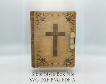 Pudełko na Biblię z drewna wycinanego laserowo, plik SVG z przesuwanym zamkiem z przodu i zawiasem, całkowicie otwierane, pliki DXF PNG, pliki PDF i Ai. Pobierz plik cyfrowy.