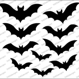 May include: Black bat silhouettes in various sizes are arranged on a white background. The bats have outstretched wings and pointed ears, creating a Halloween or spooky theme. The image has a repeating pattern.