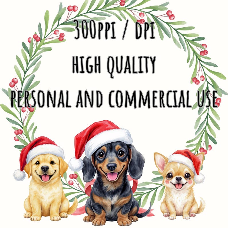 May include: A digital illustration of three dogs wearing Santa hats, set against a wreath of green foliage and red berries. The dogs include a golden retriever, a dachshund, and a chihuahua. Text reads "300PPI / DPI HIGH QUALITY PERSONAL AND COMMERCIAL USE."