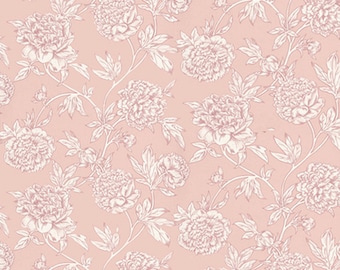 May include: A seamless pattern featuring white peonies and leaves on a light pink background.