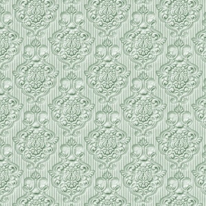May include: A seamless pattern of intricate, embossed, light green floral designs on a light green background.