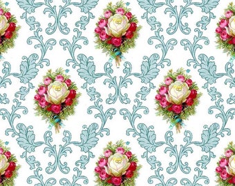 Dolls House Wallpaper 1/12th or 1/24th scale Teal Green Background Floral Miniature #830