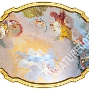 May include: A colourful fresco painting depicting a scene from the heavens. The painting is framed in a gold oval frame and features a central figure surrounded by angels and other figures. The painting is set against a background of clouds and sky.