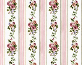 May include: A seamless pattern featuring pink and white vertical stripes with clusters of pink, peach, and purple roses with green leaves.