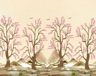 Dolls House Wallpaper Chinoiserie Mural Beige Pink Blossom 1/12th scale #35