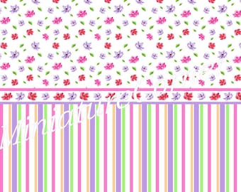 Dolls House Wallpaper 1/12th  scale Quality Paper Pink Lilac Floral Stripe Dollhouse Miniature #846