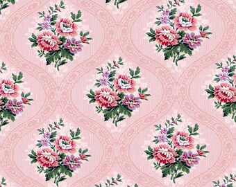 May include: A repeating pattern of pink and red floral bouquets on a light pink background. The bouquets feature pink and red peonies and purple flowers with green leaves. The background has a subtle, textured design.