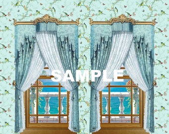 Dolls House  Wallpaper 1/12th scale Curtains Birds Quality Paper Curtains Miniature  #324C