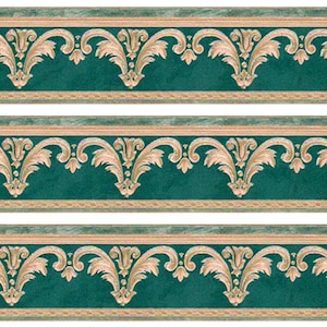 May include: A repeating pattern of gold leaf scrollwork on a teal green background. This wallpaper border is ideal for adding a touch of elegance to any room.