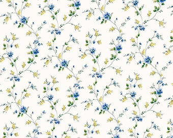 Può includere: Un motivo senza cuciture con delicati fiori blu e gialli su uno sfondo bianco. I fiori sono disposti in un motivo ripetitivo, creando un design floreale.