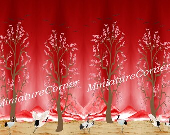 Dolls House Wallpaper Chinoiserie Mural Red Pink Blossom 1/12th scale #36