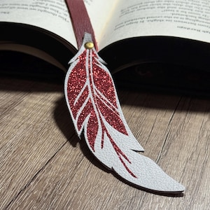 Feather Bookmark – White Leather with red glitter Vinyl | Boho Handmade Bookmark | Gift for Readers | Bookish Accessory