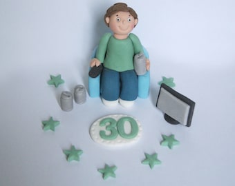 Handmade Sugar Edible Man in chair TV, 20th 30th 40th Birthday Cake Topper/Decoration