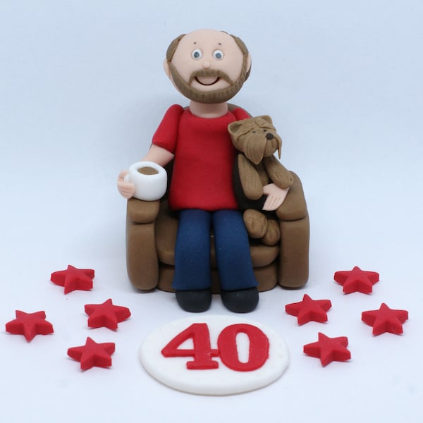 Handmade Sugar Edible Man and dog in chair Birthday Cake Topper/Decoration