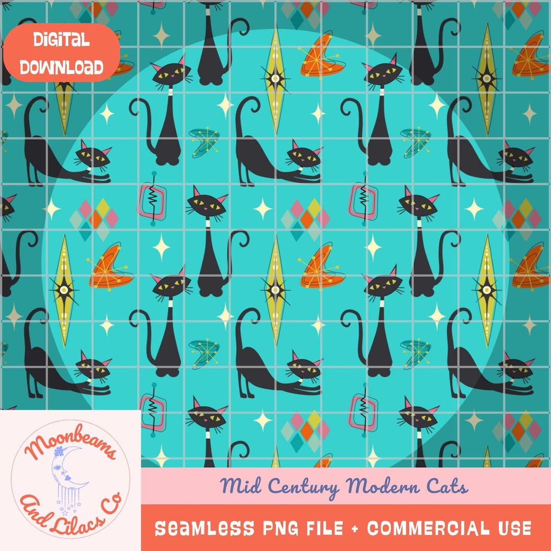 Buy Mid Century Modern Retro Cats Seamless Pattern | Digital Download ...