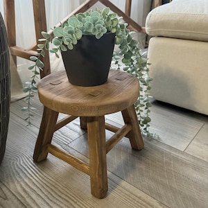 May include: A small, round wooden stool with three legs. A black pot with a trailing green plant sits on top. The stool has a natural wood finish and is placed on a light-colored wooden floor.