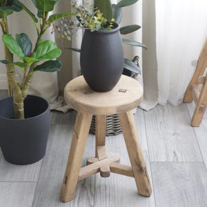 May include: A rustic wooden stool with three legs and a round top. A black ceramic vase with a plant is sitting on the stool.