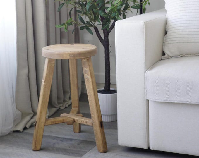 Vintage-style round stool | Rustic | Accent piece | Wood decor | Side Table | Handmade