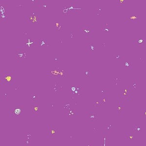Könnte beinhalten: Ein lebendiger violetter Hintergrund mit verstreuten, farbenfrohen Kritzeleien und kleinen Formen in Gelb, Weiß und Orange. Das Design umfasst Pluszeichen, Punkte und andere abstrakte Elemente, die ein verspieltes Muster bilden.