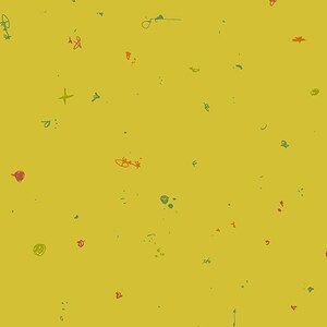 Könnte beinhalten: Senfgelber Hintergrund mit verstreuten, handgezeichneten Kritzeleien in Rot, Grün und Orange. Die Kritzeleien umfassen kleine Formen, Linien und Symbole und erzeugen ein verspieltes und abstraktes Muster.